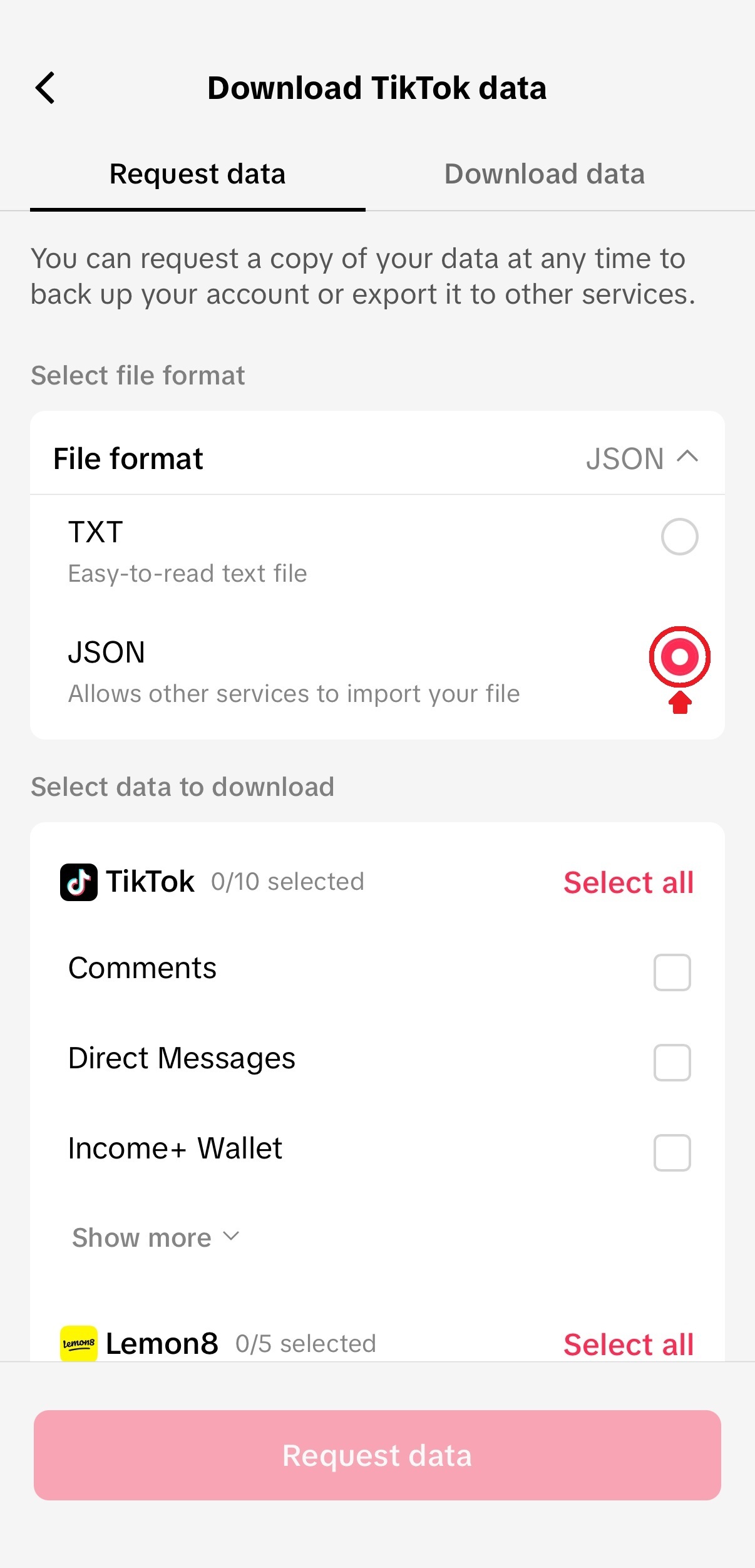 Instructions for how to request your follower data from TikTok, image idx5